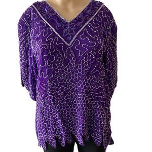 Vintage Mark & John II Purple Pure Silk Beaded  Size L Blouse